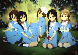 Rule 34 | 5girls, absurdres, akiyama mio, animage, apple, black eyes, black hair, blonde hair, braid, brown eyes, brown hair, food, fruit, glasses, hair over shoulder, hat, highres, hirasawa yui, ho-kago tea time, k-on!, k-on! movie, kotobuki tsumugi, multiple girls, nakano azusa, official art, scan, singing! (k-on!), socks, tainaka ritsu, takeuchi yukiko, tsuda sachie, twin braids, ura akihiro, yamada naoko