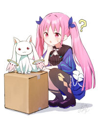 Rule 34 | 1girl, absurdres, asymmetrical legwear, black thighhighs, blue dress, carton, dress, heaven burns red, highres, kunimi tama, kyubey, lace trim, long hair, magical girl, mahou shoujo madoka magica, mahou shoujo madoka magica magia exedra, pink hair, puffy sleeves, rinki oohen, solo, thighhighs