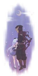 1boy 1girl armor blue_hair commentary_request crescent_moon full_body gekkou_(rance) headpat hug japanese_clothes kimono long_hair moon ninja rance_(series) sandals sasa_(sa2) sengoku_rance shinobu_(rance) short_kimono tabi zouri