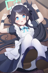 1girl absurdres apron aqua_halo aris_(blue_archive) aris_(maid)_(blue_archive) black_dress black_hair blue_archive blue_eyes blush commentary dot_nose dress feet hair_spread_out halo highres legs_up long_hair looking_at_viewer lying maid_apron maid_headdress mary_janes natsukage_ao official_alternate_costume official_alternate_hairstyle on_back on_floor open_mouth pantyhose ponytail shoes short_sleeves solo very_long_hair white_pantyhose wooden_floor wrist_cuffs