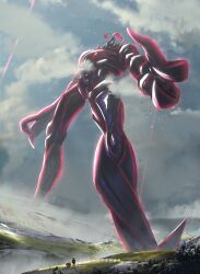 cloud cloudy_sky commentary_request gen_1_pokemon gen_8_pokemon giant gigantamax gigantamax_grimmsnarl grimmsnarl highres nintendo otsumami_(bu-bu-heaven) pillar_of_light pokemon pokemon_(creature) pokemon_focus red_clouds sky solo_focus standing vileplume