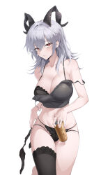 Rule 34 | 1girl, absurdres, bare shoulders, black bra, black horns, black panties, black thighhighs, bra, bra peek, breasts, camisole, can, cleavage, collarbone, commentary, cowboy shot, curled horns, double strap slip, drink can, grey camisole, grey hair, hair between eyes, highres, holding, holding can, holding unworn clothes, horns, large breasts, light blush, long hair, looking at viewer, luya (luyachan), navel, no pants, panties, parted lips, red eyes, simple background, single thighhigh, solo, stomach, thighhighs, thighs, underwear, white background, wuthering waves, zani (wuthering waves)