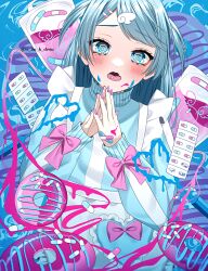 1girl @_@ apron bandaid bandaid_on_hand blue_eyes blue_hair blush donut fang fingernails food hair_ornament hairclip highres intravenous_drip jacket long_fingernails long_hair long_sleeves looking_at_viewer nail_polish open_mouth original own_hands_together paint pill pill_in_mouth skin_fang sleeve_bow solo sweat track_jacket two_side_up wanko_(yurika0320) wing_hair_ornament
