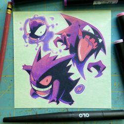 :d art_tools_in_frame artist_logo black_eyes claws colored_sclera commentary english_commentary evil_grin evil_smile evolutionary_line fangs floating gastly gen_1_pokemon gengar grin haunter highres logo long_tongue looking_at_viewer marker marker_(medium) merchandise_available narrowed_eyes nintendo no_humans nuri_durr open_mouth partially_shaded_face pen pencil photo_(medium) pokemon pokemon_(creature) pokemon_focus red_sclera smile tongue tongue_out traditional_media white_background