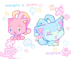 animal_ears animal_focus antennae artist_name blue_fur bubble cat_ears closed_eyes colored_skin commentary english_commentary fakemon fusion gem gen_3_pokemon gen_4_pokemon heart highres hue_shifting legendary_pokemon manaphy mythical_pokemon neogeopet nintendo no_humans original pink_skin pokemon pokemon_(creature) pokemon_focus simple_background skitty smile star_(symbol) white_background