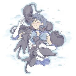 animal bishoujo_senshi_sailor_moon black_cat blue_bow blue_hair blush bow cat closed_eyes earrings gloves highres jewelry luna_(sailor_moon) magical_girl mercuri0ff mizuno_ami moon_(symbol) sailor_mercury smile white_gloves