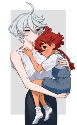 2girls aged_down baesong bare_arms black_skirt blue_eyes blue_overalls child closed_mouth commentary_request dark-skinned_female dark_skin grey_background grey_eyes gundam gundam_suisei_no_majo highres jewelry korean_commentary long_hair miorine_rembran multiple_girls overalls ponytail red_hair ring shirt short_hair short_sleeves skirt sleeveless sleeveless_shirt smile suletta_mercury tears thick_eyebrows two-tone_background wedding_ring white_background white_hair white_shirt