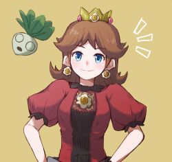 1girl blue_eyes breasts brown_background brown_hair crown dress earrings hand_on_own_hip hands_on_own_hips highres jewelry long_hair looking_at_viewer mario_(series) missou_shiro nintendo princess_daisy puffy_short_sleeves puffy_sleeves red_dress short_hair short_sleeves smile super_mario_land super_smash_bros. turnip upper_body