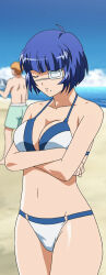 1boy 1girl bare_shoulders beach bikini blue_hair blue_shorts blurry breasts closed_eyes closed_mouth cloud collarbone crossed_arms day dot_nose eyepatch highres ikkitousen ikkitousen_great_guardians large_breasts legs male_swimwear mole mole_under_mouth navel no_shirt no_shoes no_socks orange_hair ryomou_shimei sand short_hair shorts sky standing stitched swim_trunks swimsuit third-party_edit water