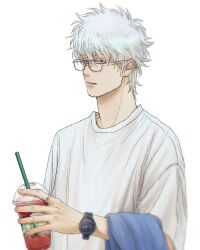 1boy bespectacled crew_neck cup disposable_coffee_cup disposable_cup drinking_straw gintama glasses grey-framed_eyewear highres holding holding_cup logo looking_at_viewer male_focus parted_lips red_eyes sakata_gintoki sanpaku shirt short_hair short_sleeves simple_background solo starbucks tmrmq towel towel_on_arm upper_body watch white_background white_hair white_shirt wristwatch