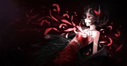 1girl absurdres black_background black_coat black_hair blood blood_from_mouth breasts coat curly_hair dress feather_dress feather_hair_ornament feathers from_side gunshot_wound hair_ornament hairband highres injury jewelry leaning_back looking_ahead ly_7317 necklace open_mouth profile red_dress red_eyes red_feathers reverse:1999 schneider_(reverse:1999) short_hair single_bare_shoulder single_off_shoulder small_breasts solo strapless strapless_dress under_fire upper_body white_hairband