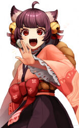 Rule 34 | 1girl, ahoge, animal ears, bell, bow, brown hair, brown skirt, cat ears, cat girl, che to n, commentary request, cowboy shot, fangs, hair bell, hair ornament, hair ribbon, highres, holding, holding mahjong tile, ichihime, japanese clothes, jingle bell, kimono, lace-trimmed sleeves, lace trim, long sleeves, looking at viewer, mahjong, mahjong soul, mahjong tile, obi, open mouth, pink kimono, red bow, red eyes, red ribbon, red sash, ribbon, sash, short hair, simple background, skirt, smile, solo, waist bow, white background, wide sleeves