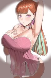 1girl absurdres arm_up armpits artist_name azisugito bare_shoulders blush breasts choker cleavage collarbone colored_inner_hair commentary dress earrings feather_earrings feathers fingernails floral_print_dress glint hair_ornament hairclip hand_on_own_chest highres hololive hololive_english jewelry large_breasts long_hair looking_to_the_side multicolored_hair nail_polish orange_hair pink_dress pink_eyes pink_feathers pink_nails presenting_armpit print_dress see-through_silhouette solo steaming_body sweat takanashi_kiara takanashi_kiara_(perfume) thighs two-tone_hair virtual_youtuber white_choker