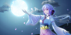 1girl :d backlighting black_bow blue_butterfly blue_hair bow braid bug butterfly commentary_request crown_braid falling_petals fingernails floating_hair frilled_kimono frills full_moon glowing_butterfly hair_between_eyes hair_bow hair_bun highres insect japanese_clothes kimono long_hair long_sleeves looking_at_animal moon moonlight night night_sky nontraditional_miko official_alternate_costume open_mouth outdoors outstretched_arm petals pink_skirt red_eyes shootinghaze sidelocks single_hair_bun skirt sky smile solo sorakado_ao summer_pockets three_quarter_view very_long_hair white_kimono wide_sleeves yellow_bow