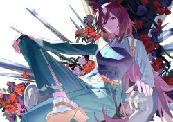 1girl 9nyo animal_ears black_choker black_gloves blue_flower blue_rose breasts brown_hair choker commentary ear_ornament fingerless_gloves flower gloves green_pants grin hand_on_own_knee highres horse_ears horse_girl horse_tail long_hair looking_at_viewer medium_breasts multicolored_hair pants plant purple_flower purple_rose red_eyes red_flower red_rose rose simple_background sirius_symboli_(umamusume) sitting sitting_on_throne smile solo tail throne umamusume very_long_hair vines white_background