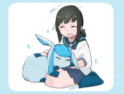 1girl black_hair blue_neckerchief blue_sailor_collar blue_skirt closed_eyes commentary crossover cushion fubuki_(kancolle) gen_4_pokemon glaceon highres kantai_collection low_ponytail ma_rukan neckerchief nintendo open_mouth pleated_skirt pokemon pokemon_(creature) ponytail sailor_collar school_uniform serafuku short_sleeves signature simple_background sitting skirt symbol-only_commentary
