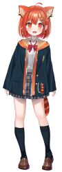 1girl :d ahoge animal_ear_fluff black_jacket black_socks bow braid brown_shoes collared_shirt crown_braid drawstring dress_shirt ear_piercing full_body grey_skirt hair_between_eyes hair_ornament highres hood hood_down hooded_jacket jacket k_mugura loafers long_sleeves nijisanji open_clothes open_jacket open_mouth orange_eyes orange_hair piercing plaid_clothes plaid_skirt pleated_skirt ratna_petit red_bow red_panda_ears red_panda_girl red_panda_tail school_uniform shirt shoes simple_background skirt sleeves_past_wrists smile socks solo standing striped_tail tail virtual_youtuber white_background white_shirt