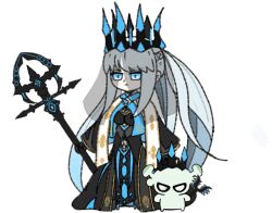 Rule 34 | 1girl, black dress, black gloves, blue eyes, con (fate), crown, dress, fate/grand order, fate (series), gloves, hair between eyes, highres, long hair, morgan le fay (fate), morgan le fay (queen of winter) (fate), nekosuki0127, polearm, ponytail, spear, veil, very long hair, weapon