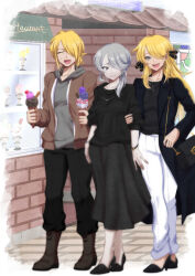 Rule 34 | 1boy, 2girls, :d, bag, black jacket, black pants, black shoes, blonde hair, boots, bracelet, brown jacket, chain, closed eyes, cogita (pokemon), commentary request, contemporary, cynthia (pokemon), day, food, grey eyes, grey hair, hair ornament, highres, holding, holding another&#039;s arm, ice cream, jacket, jewelry, kikyouta, long hair, multiple girls, nintendo, open clothes, open jacket, open mouth, outdoors, pants, pants tucked in, pokemon, pokemon dppt, pokemon legends: arceus, shirt, shoes, signature, smile, standing, sweatdrop, teeth, volo (pokemon), white pants