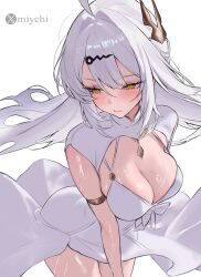1girl absurdres ahoge armlet breasts cleavage closed_mouth dress floating_hair hair_ornament highres jewelry large_breasts long_hair looking_to_the_side miychi simple_background solo strap_gap thighs very_long_hair white_background white_dress white_hair yellow_eyes yi_xuan_(zenless_zone_zero) zenless_zone_zero