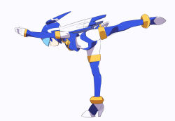 Rule 34 | 1girl, armor, blue armor, blue eyes, blue helmet, fairy leviathan (mega man), forehead jewel, from side, full body, helmet, kaidou zx, mega man (series), mega man zero (series), simple background, solo, standing, standing on one leg, white background