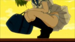 bag bakadere bent_over black_socks blush embarrassed green_hair hair_ornament half-closed_eyes hip_focus kenkou_zenrakei_suieibu_umishou legs medium_hair ninagawa_amuro panties panty_focus pantyshot polka_dot polka_dot_panties shoes smile socks squatting sunset underwear x_hair_ornament