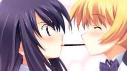 2girls aoi_sena black_bow blonde_hair blush bow bowtie chaos;head chaos;head_love_chu_chu! closed_eyes collared_shirt face-to-face food food_in_mouth game_cg hair_bow imminent_kiss incoming_pocky_kiss long_hair long_sidelocks looking_at_another matsuo_yukihiro mouth_hold multiple_girls non-web_source official_art orihara_kozue pink_lips plaid_bow plaid_bowtie plaid_clothes pocky pocky_in_mouth pocky_kiss purple_bow purple_bowtie purple_eyes purple_hair school_uniform shared_food shiny_eyes shiny_lips shiny_skin shirt sidelocks suimei_school_uniform suimei_summer_uniform twintails white_shirt yuri