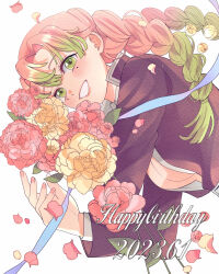 1girl 2023 absurdres black_jacket blue_ribbon bouquet braid cherry_blossoms dated demon_slayer_uniform flower green_eyes green_hair grin happy_birthday highres holding holding_bouquet jacket kanroji_mitsuri kimetsu_no_yaiba kuze_0131 long_sleeves mole mole_under_each_eye mole_under_eye multiple_moles nail_polish open_clothes open_jacket open_shirt pink_flower pink_hair pink_nails ribbon shirt smile solo twin_braids upper_body white_background white_shirt yellow_flower