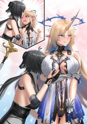 ... 2girls absurdres antenna_hair arm_under_breasts bare_shoulders black_bow black_collar black_gloves black_hair blonde_hair blue_eyes blue_hair blush bow breasts cartethyia_(wuthering_waves) closed_mouth collar colored_inner_hair commentary crown_of_thorns cruzvu earrings elbow_pads embarrassed english_commentary female_rover_(wuthering_waves) fleurdelys_(wuthering_waves) glint gloves gluteal_fold hair_bow highres holding_own_arm horns huge_breasts jewelry kiss kissing_forehead large_breasts long_hair low_ponytail multicolored_hair multiple_girls necklace open_mouth out_of_frame paid_reward_available partially_fingerless_gloves phoebe_(wuthering_waves) pointy_ears ponytail rover_(wuthering_waves) sidelocks single_horn small_breasts staff tabard tacet_mark_(wuthering_waves) textless_version transformation trembling very_long_hair white_tabard wuthering_waves yellow_horns yuri