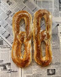 absurdres food food_focus highres julia_stankevych newspaper no_humans oil_painting_(medium) original painting_(medium) pretzel realistic salt signature still_life traditional_media wall_of_text