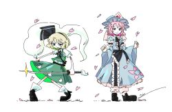 Rule 34 | 2girls, alternate hair color, black neckerchief, black ribbon, black shoes, blue dress, blue hat, blue kimono, blue ribbon, blunt bangs, cherry blossom print, cherry blossoms, closed mouth, cloud print, collar, collared shirt, dress, falling petals, fighting stance, floral print, frilled collar, frilled dress, frilled hat, frilled kimono, frilled ribbon, frills, ghost, ghost print, ghost tail, green eyes, green hair, green skirt, green vest, hair ornament, hair ribbon, hat, highres, holding, holding sword, holding weapon, japanese clothes, katana, kimono, konpaku youmu, konpaku youmu (ghost), lantern, large ribbon, long sleeves, looking at viewer, medium hair, mob cap, multiple girls, neckerchief, ofuda, open mouth, perfect cherry blossom, petals, pink hair, pink petals, puffy short sleeves, puffy sleeves, ribbon, ribbon shoes, saigyouji yuyuko, scabbard, serious, sheath, sheathed, shirt, shoes, short sleeves, signature, simple background, skirt, smile, socks, sweat, sweatdrop, sword, touhou, triangular headpiece, unsheathing, veil, vest, waist ribbon, wavy hair, weapon, white background, white shirt, white socks, wide sleeves, yoiy san