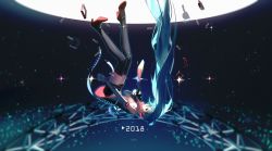 1girl 2018 aqua_eyes aqua_hair boots detached_sleeves falling hatsune_miku highres long_hair moon necktie thigh_boots thighhighs twintails very_long_hair vocaloid yyb