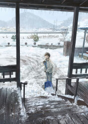 1boy ^_^ absurdres bare_tree blue_pants blue_shirt boots brick brown_gloves brown_hair building bush closed_eyes coat commentary day denim english_commentary forest gloves grin guard_rail highres hill icicle jeans long_sleeves male_focus nature open_clothes open_coat original outdoors overcast pants power_lines railing shirt shovel shoveling sky smile snow snow_shovel snowing standing stone_wall toti_(lanaq) town tree utility_pole veranda white_coat wide_shot winter winter_clothes winter_coat wooden_ceiling wooden_floor wooden_railing wooden_stairs