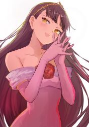 1girl amagi_yukiko black_hair blush breasts dark_persona dress gloves highres kanna_nijiniji long_hair open_mouth persona persona_4 pink_dress pink_gloves shadow_(persona) shadow_yukiko smile solo tiara upper_body very_long_hair yellow_eyes