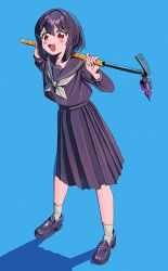 1girl black_serafuku black_shirt blue_background commentary_request grey_socks hammer highres holding holding_hammer kagenoyuhi loafers long_sleeves looking_at_viewer medium_hair neckerchief open_mouth original pleated_skirt purple_hair red_eyes school_uniform serafuku shirt shoes skirt socks solo standing tongue white_neckerchief