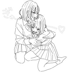 2girls blush breasts closed_eyes greyscale heart huge_breasts kamatama_rom kneeling long_sleeves medium_hair monochrome multiple_girls open_mouth original pleated_skirt school_uniform skirt smile socks
