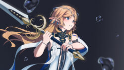 1girl absurdres black_collar blonde_hair cartethyia_(wuthering_waves) collar commentary crown_of_thorns earrings hazeillusts highres holding holding_sword holding_weapon jewelry long_hair necklace pointy_ears sidelocks solo sword tabard tacet_mark_(wuthering_waves) upper_body weapon white_tabard wuthering_waves