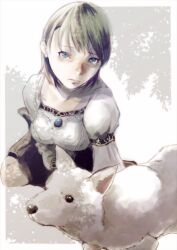 1girl blonde_hair blue_eyes boots breasts closed_mouth demento dog fiona_belli gauss_&lt;bokashi hewie lips looking_at_viewer puffy_sleeves short_hair skirt tree