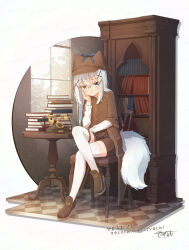 1boy absurdres animal_ears antique_phone blue_eyes book book_stack bookshelf brown_jacket brown_shoes brown_shorts collared_shirt commentary_request corded_phone coreytaiyo crossed_legs dated glasses green_eyes grey_hair hair_ornament hairclip heterochromia highres indie_virtual_youtuber indoors jacket long_hair looking_at_viewer male_focus parted_lips phone round_eyewear shinonome_nono shirt shoes shorts signature solo tail thighhighs translation_request very_long_hair virtual_youtuber white_shirt white_thighhighs window x_hair_ornament