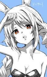1girl animal_ear_fluff animal_ears arm_up bare_arms bare_shoulders blue_background braid breasts brown_eyes collarbone commentary_request hair_between_eyes head_tilt highres hololive kiritoma leotard long_hair looking_at_viewer medium_breasts open_mouth rabbit-shaped_pupils rabbit_ears short_eyebrows signature simple_background solo strapless strapless_leotard symbol-shaped_pupils teeth thick_eyebrows twin_braids twintails upper_body upper_teeth_only usada_pekora usada_pekora_(1st_costume) very_long_hair virtual_youtuber