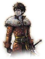 1boy belt capelet clenched_hand closed_mouth cowboy_shot fingerless_gloves fur_capelet gloves ikusy looking_afar male_focus official_art serenoa_wolffort short_hair solo standing sword sword_hilt transparent_background triangle_strategy warrior weapon