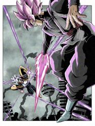 Rule 34 | 2boys, arm blade, artist name, baby vegeta, battle, black bodysuit, black pants, black shirt, bodysuit, boots, debudebumetabo, dougi, dragon ball, dragon ball gt, dragon ball super, earrings, energy sword, goku black, grey hair, grey tunic, highres, in-franchise crossover, jewelry, male focus, medium hair, midair, multiple boys, pants, pink hair, potara earrings, red sash, sash, shirt, single earring, smirk, spiked hair, sword, trait connection, tunic, weapon, white boots