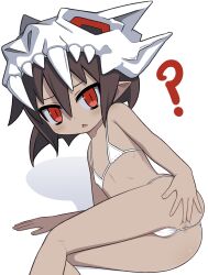 1girl ? ami_(ammy33) anus anus_peek ass bikini black_hair commentary dark-skinned_female dark_skin disgaea english_commentary highres loli looking_at_viewer lying makai_senki_disgaea micro_bikini mixed-language_commentary on_side open_mouth paid_reward_available pointy_ears red_eyes shadow shaman_(disgaea) short_hair simple_background slit_pupils solo string_bikini swimsuit white_background white_bikini