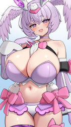 1girl bare_shoulders breasts choker cleavage gloves hair_ornament head_wings headgear highres huge_breasts leotard megami_device midriff navel puni_mofu_xiao purple_choker purple_hair smile subten wings