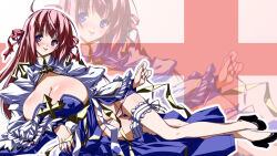 1girl arch_bishop_(ragnarok_online) black_shoes blue_dress blush breasts cleavage cleavage_cutout clothing_cutout commentary_request covered_erect_nipples cross dress fishnet_thighhighs fishnets frilled_sleeves frilled_thighhighs frills full_body high_heels highres huge_breasts long_hair looking_at_viewer lowleg lowleg_panties lying on_bed on_side panties pink_background pink_hair pink_panties purple_eyes ragnarok_online shoes side-tie_panties solo thighhighs two-tone_dress underwear untied_panties uzuki_sakura_(mmys534) white_dress zoom_layer