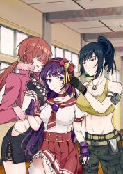 3girls asamiya_athena blue_hair highres ikari_warriors leona_heidern multiple_girls psycho_soldier purple_hair red_hair shermie_(kof) snk the_king_of_fighters