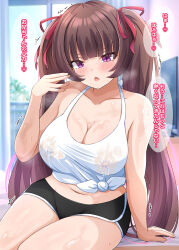 1girl arm_support bare_arms black_shorts blunt_bangs blush breast_milk breasts brown_hair cleavage collarbone curtains dolphin_shorts hair_ribbon highres indoors lactation lactation_through_clothes large_breasts long_hair looking_at_viewer multicolored_hair navel open_mouth original pink_hair ribbon ryunosu_(ryunosu1111) short_shorts shorts sidelocks sitting solo tank_top television thighs tied_tank_top translation_request twintails two-tone_hair very_long_hair window