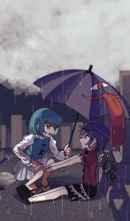 2girls black_footwear black_hair black_skirt blue_eyes blue_hair blue_sky blue_vest cabbie_hat commentary_request geta graveyard hat hat_ornament heterochromia highres jiangshi karakasa_obake lace-trimmed_sleeves lace_trim looking_at_another miyako_yoshika multiple_girls ofuda open_mouth outstretched_arms purple_eyes purple_hat rain red_eyes red_shirt shared_umbrella shirt shoes short_hair short_sleeves sitting skirt sky squatting star_(symbol) star_hat_ornament stella_(pokopokobanana) tatara_kogasa tombstone tongue tongue_out touhou umbrella vest white_shirt zombie_pose