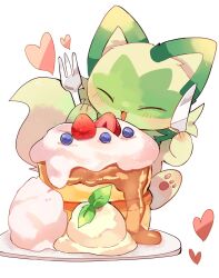 Rule 34 | :3, :d, blush, cake, closed eyes, commentary, food, fork, fruit, green fur, heart, highres, holding, holding fork, holding knife, knife, nintendo, no humans, open mouth, plate, pokemon, pokemon (creature), revision, simple background, smile, sprigatito, strawberry, symbol-only commentary, two-tone fur, white background, yupo 0322