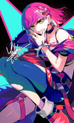 1girl black_shorts collarbone dated duel_monster ear_piercing evil_twin_ki-sikil green_eyes highres ki-sikil_(yu-gi-oh!) mouth_hold pantyhose piercing red_hair shirt short_hair shorts single_bare_shoulder single_leg_pantyhose solo torn_clothes torn_pantyhose white_shirt yu-gi-oh! yukle